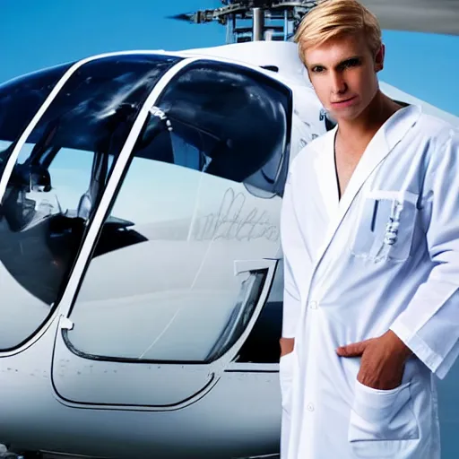 Image similar to blond male doctor in white robe in front of helicopter, epic lighting, drawing