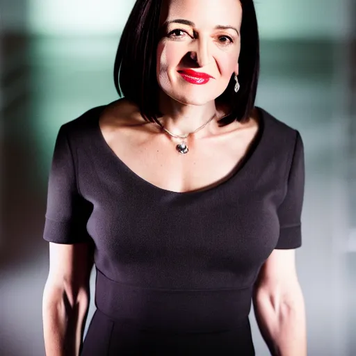 Prompt: Portrait photo of dominatrix Sheryl Sandberg, 85mm f/1.4