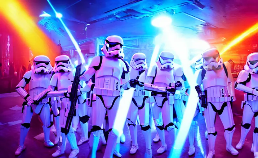 Image similar to bunch of stormtroopers having a moshpit in the club, neon lighting atmosphere, ethereal photograph lens flare, realistic,