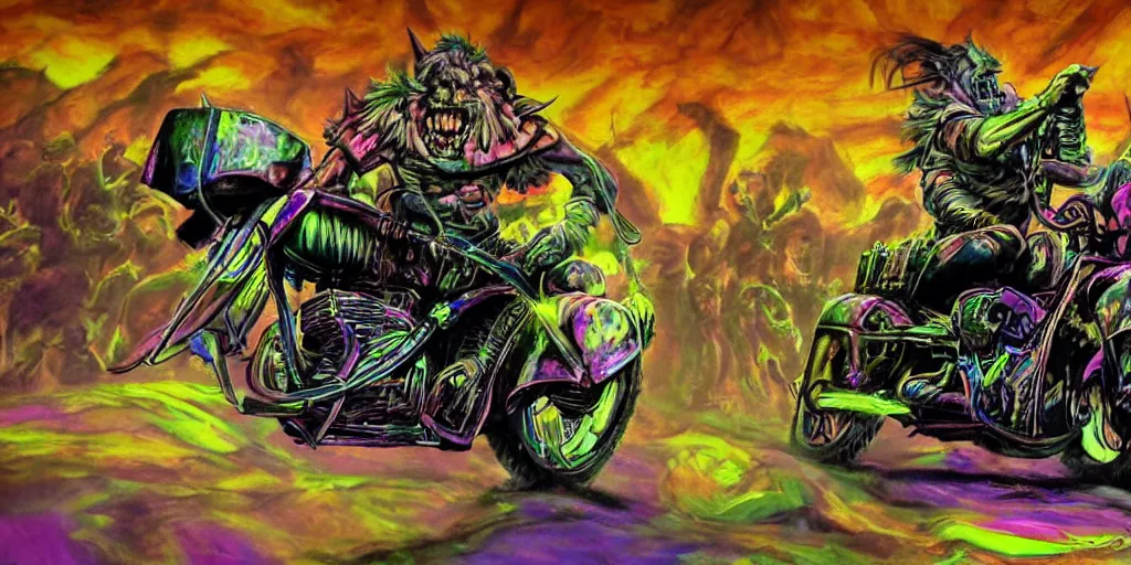 Image similar to high quality cinematic action shot of an orc doing a wheelie on a motorcycle, psychedelic blacklight airbrush art