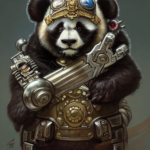 Image similar to full portrait of warhammer 4 0 k panda, fantasy, d & d, intricate, detailed, by by alphonse mucha, adolfo hohenstein, alice russell glenny, stanley artgerm lau, greg rutkowski, detailed, trending on artstation, trending on artstation, smooth