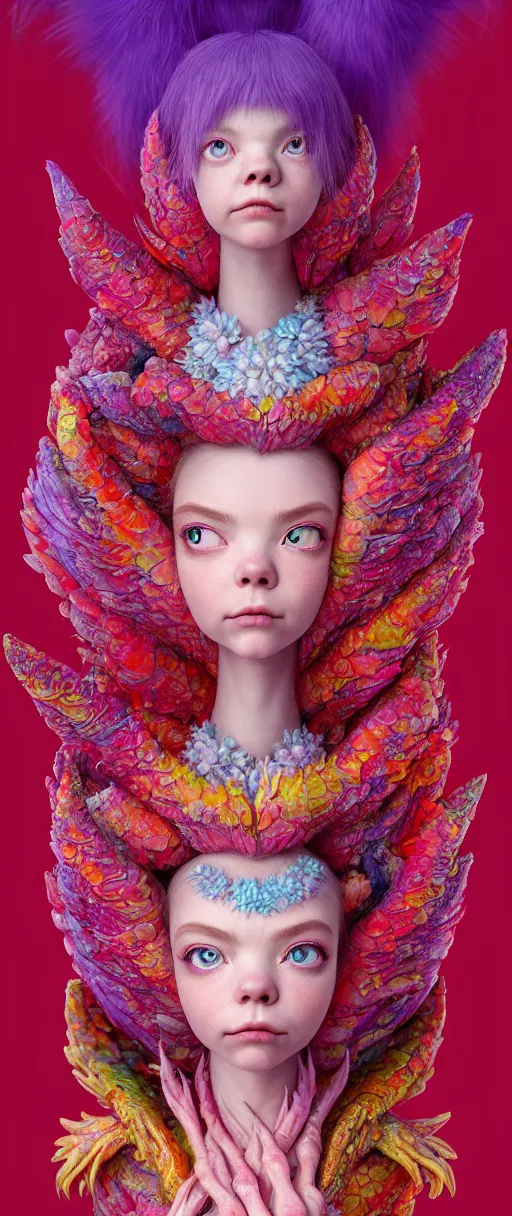 Image similar to hyper detailed 3d render like a Oil painting - kawaii portrait of two Aurora (a beautiful skeksis muppet fae princess protective playful from dark crystal that looks like Anya Taylor-Joy) seen red carpet photoshoot in UVIVF posing in scaly dress to Eat of the Strangling network of yellowcake aerochrome and milky Fruit and His delicate Hands hold of gossamer polyp blossoms bring iridescent fungal flowers whose spores black the foolish stars by Jacek Yerka, Ilya Kuvshinov, Mariusz Lewandowski, Houdini algorithmic generative render, Abstract brush strokes, Masterpiece, Edward Hopper and James Gilleard, Zdzislaw Beksinski, Mark Ryden, Wolfgang Lettl, hints of Yayoi Kasuma and Dr. Seuss, octane render, 8k