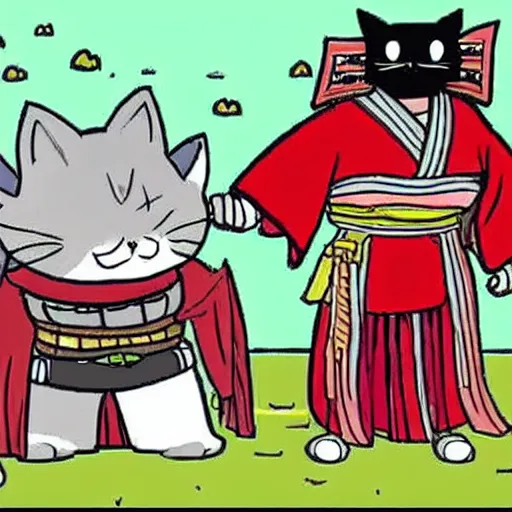 Prompt: a Sunday morning cartoon of a cat in samurai armor