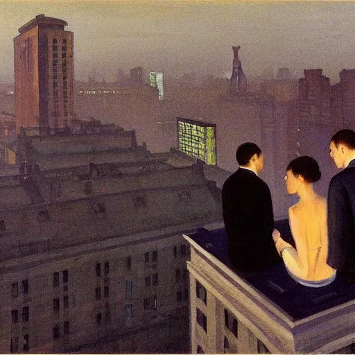 Image similar to a small rooftop with a couple of people sitting and watching the view, shanghai bund is on the background, night, by edward hopper