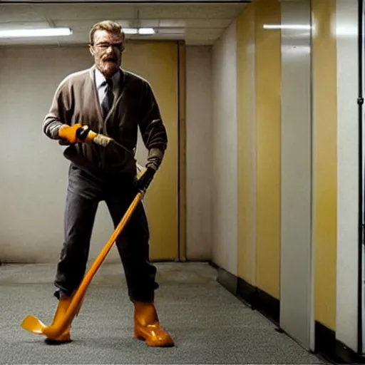 Image similar to Bryan Cranston as Gordon Freeman, holding a crowbar, still from a movie