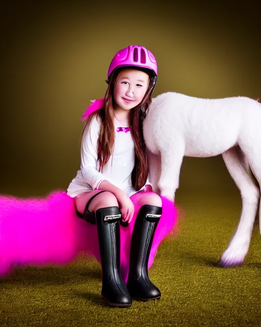 Image similar to young girl with rider boots, next to her is a pink pony, photo taken by nikon, sharp focus, highly detailed, studio lightning, 4 k