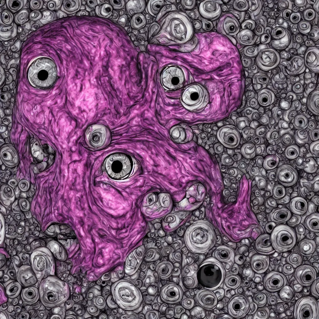 Prompt: a mass weird eyeballs and flesh and stuff, weirdly replicated across the image, hyperrealistic, a pink and purple nightmare, cdx