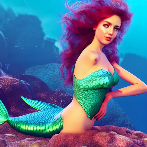 Prompt: mermaid on an island, highly detailed, photorealistic portrait, bright studio setting, studio lighting, crisp quality and light reflections, unreal engine 5 quality render