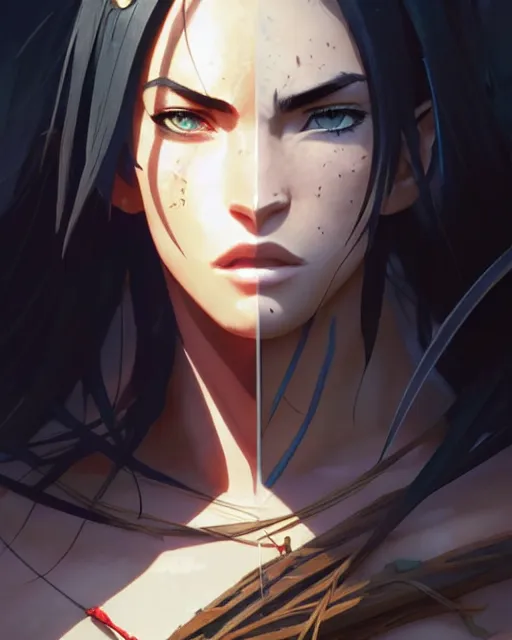 Image similar to azctec warrior, megan fox, detailed perfect face, exquisite details, fire magic, mid view, design on a white background, by studio muti, greg rutkowski makoto shinkai takashi takeuchi studio ghibli