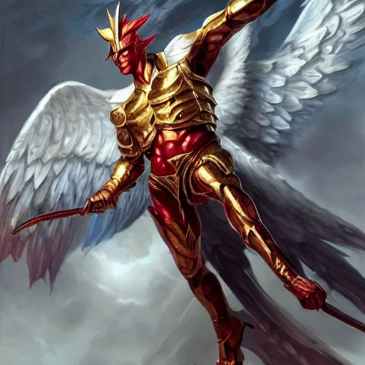 Image similar to archangel of fury, male, full-body portrait, MTG, fantasy, portrait, highly detailed, digital painting, artstation, concept art, sharp focus, illustration, art by artgerm and greg rutkowski and magali villeneuve, red white and gold color scheme