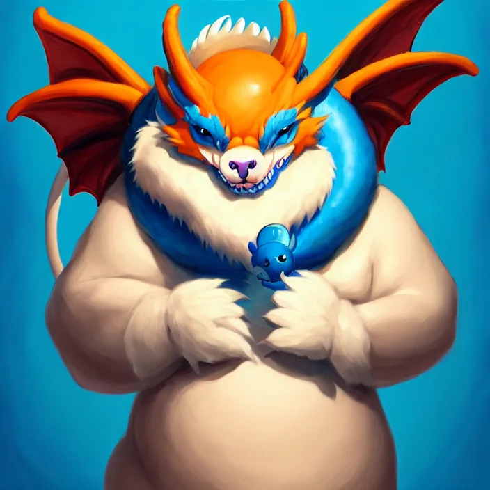 Image similar to a chubby anthropomorphic male blue dragon fursona, headphones on his head, cute, furry, oil on canvas, soft lighting