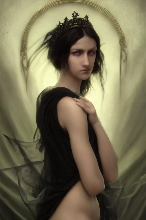 Image similar to a portrait of elegant beautiful dark nymph, queen of the dark fairies, bored, illustration, dramatic lighting, soft details, painting oil on canvas, art nouveau, octane render, HDR, 4k, 8k, HD, by Edmund Blair Leighton, Brom, Charlie Bowater, trending on artstation, faces by Otto Schmit