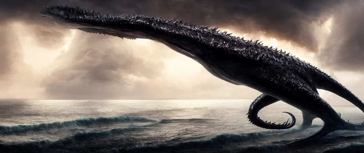 Prompt: a stunning cinematic extreme wide shot of an slick sleek smooth halitrephes maasi sea monster wearing clothes made of seaweed on a dark stormy beach, with huge luminous sad eyes, sharp claws, cgsociety, hd octane render, fantasy, artstation, deviantart, furaffinity, very very clean, super smooth, thunderclouds, thunderstorm