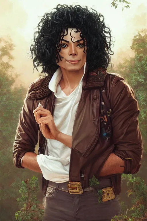 Prompt: male cottagecore michael jackson portrait with nature as background, intricate, swagger, highly detailed, digital painting, artstation, concept art, smooth, sharp, focus, illustration, art by artgerm and greg rutkowski and alphonse mucha