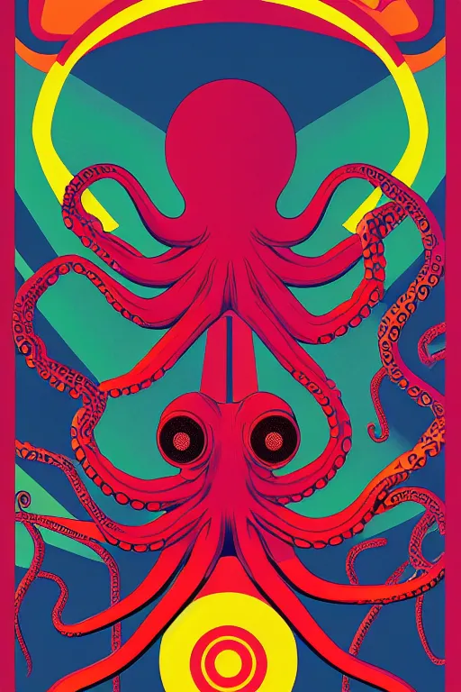 Image similar to a 6 0 s art deco octopus with the interior of an international space station fuill of electronic equipment, poster art by milton glaser, kilian eng, moebius, behance contest winner, psychedelic art, concert poster, poster art, maximalist