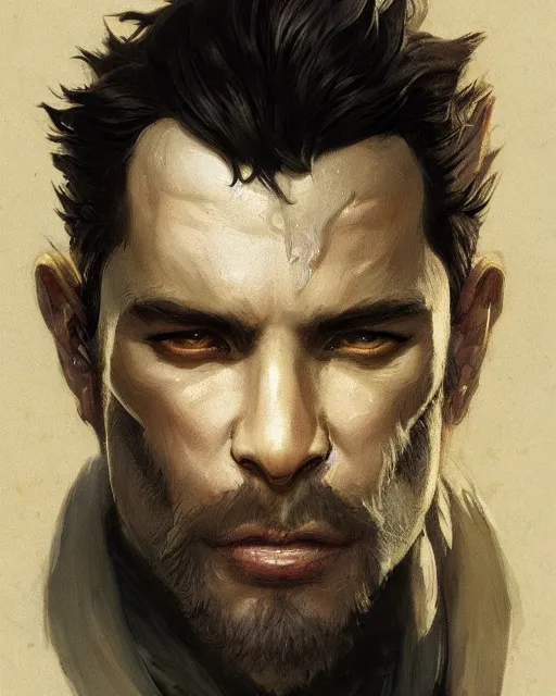 Image similar to '' Face portrait of a handsome weredragon with a black leather coat, short hair , fantasy, d&d, high detail, digital painting, artstation, concept art, sharp focus, illustration, art by greg rutkowski and alphonse mucha ''