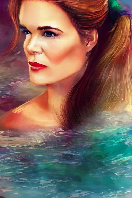 Image similar to mix of beautiful young maria shriver, mariel hemmingway, brooke shields, nicole kidman and elle macpherson as a mermaid, thin lips, hair tied up in a pony tail, dark hair, colorful, artstation, cgsociety