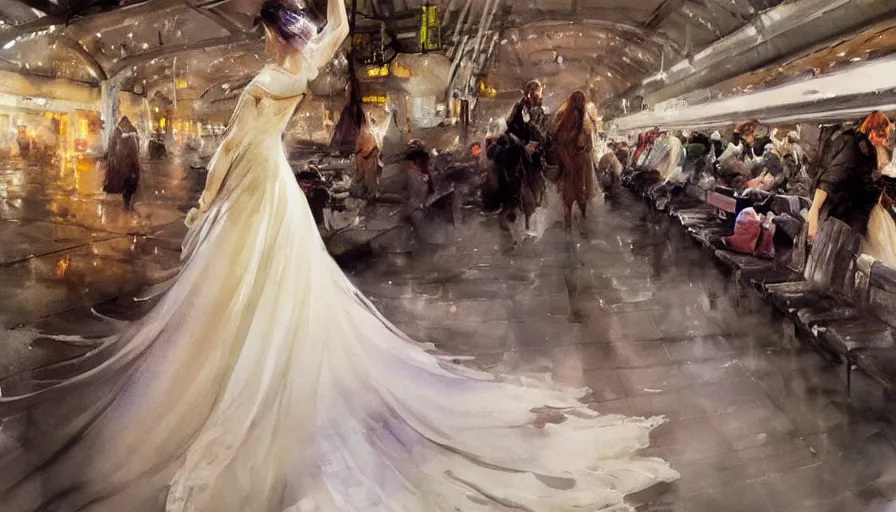 Prompt: paint brush strokes, abstract watercolor painting beautiful woman from the back, wearing a long flowing lace wedding dress in a train station platform at night, ambient lighting, art by hans dahl, by jesper ejsing, art by anders zorn, wonderful masterpiece by greg rutkowski, cinematic light, american romanticism by greg manchess, impressionism by tyler edlin