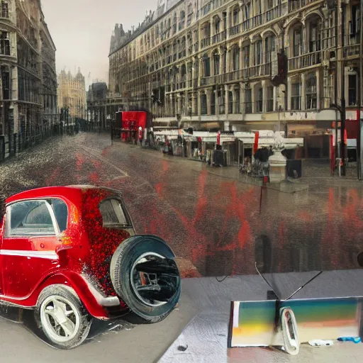 Image similar to A British European City with cars and people roaming inside of the city, certain aspects of the background are lens blurred, splatters of red on the border of the image, some of the people are even painted red, black and white photograph painting, real life, realistic, hyperrealistic, very realistic, photo photograph, photo, photograph, painting, oil painting, ultra realistic, very detailed, extremely detailed, highly detailed, HD Quality, 4k resolution, 8k resolution, trending on artstation, in the style of an Album Cover, cool, epic, nostalgic, intricate details