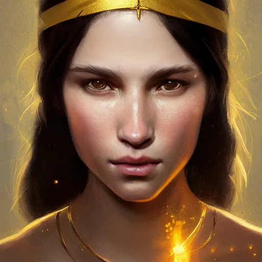 Image similar to highly detailed portrait of a young woman with long dark hair and a golden headband, art by greg rutkowski, unreal engine, high quality, vivid, stunning lighting, symmetry