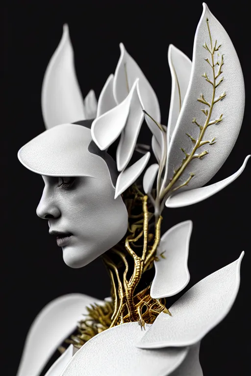 Image similar to monochrome close - up profile face, black background, beautiful young porcelain bio - mechanical vegetal - dragon - cyborg - female, white metallic armour, silver gold details, magnolia leaves and stems, roots, mandelbot fractal, 1 5 0 mm, beautiful natural soft rim light, elegant, hyper real, ultra detailed, octane render, 1 6 k