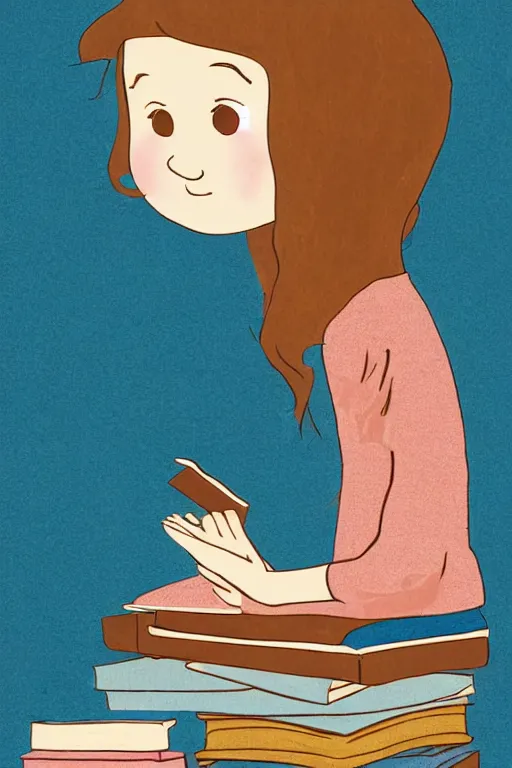 Image similar to a little girl with wavy light brown hair and blue eyes sits cross legged on top of a tall pile of books. she is reading. clean elegant pretty cartoon painting, beautiful detailed face, soft outlines, storybook illustration.