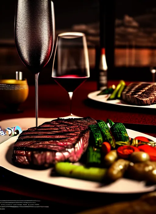 Image similar to hyperrealism, detailed textures, photorealistic 3 d render, a michelin steak dinner with fresh vegetables and red wine, ultra realistic, ultra high pixel detail, cinematic, intricate, cinematic light, concept art, illustration, art station, unreal engine 8 k