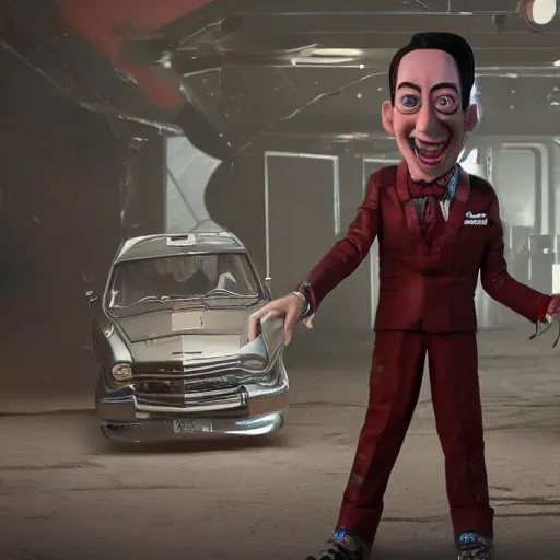 Image similar to pee wee herman as a mad max villain, concept art, octane render, unreal engine 5, highly detailed, high quality, 8 k, soft lighting, realistic face, path traced