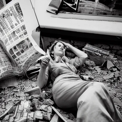 Prompt: a photo of pretty woman relaxing amidst a collapsed city reading an issue of the silver zine, 3 5 mm