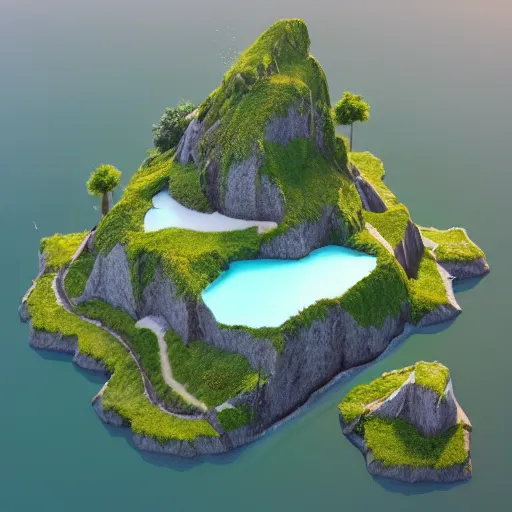 Image similar to a floating island on an aquatic environment isometric art, lago di sorapis landscape, low poly art, game art, artstation, 3D render, high detail, cgsociety, octane render, sharp focus