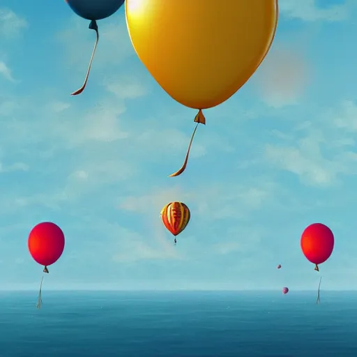 Image similar to digital art of plenty of birthday balloons floating above the sea. artstation cgsociety masterpiece