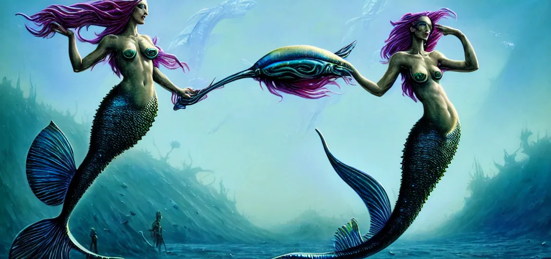 Prompt: photo of a beautiful mermaid wearing metal armor, alien fish attack in the style of roger dean, realistic, sharp focus, 8 k high definition, insanely detailed, intricate, elegant, art by greg rutkowski and artgerm, extreme blur cherry blossoms background