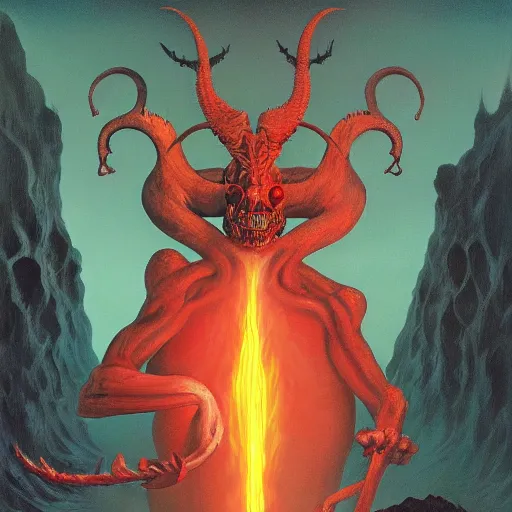 Image similar to Full body photo of asmodeus, he has eyes of fire, he is looking straight to the camera, he has a glow coming from him, she is getting illuminated by lava, behind is an ancient hellscap, Edward Hopper and James Gilleard, Zdzislaw Beksinski, Mark Ryden highly detailed