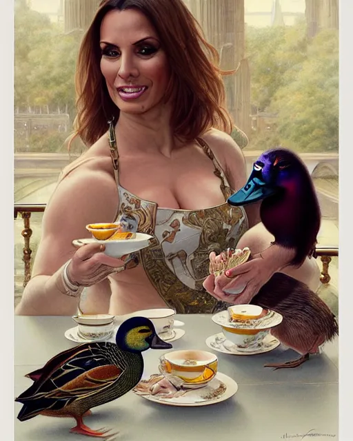 Image similar to Portrait of Jodie Marsh & a mallard & a pig having tea at the Ritz, real life skin, intricate, elegant, highly detailed, artstation, concept art, smooth, sharp focus, art by artgerm and greg rutkowski and alphonse mucha