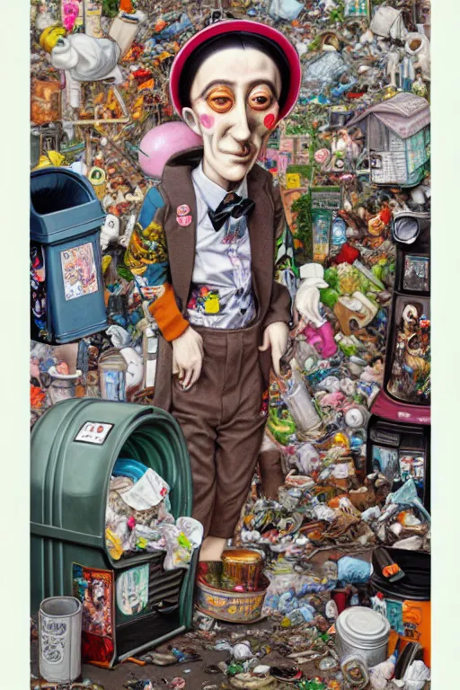 Image similar to full view, from a distance, of anthropomorphic trashcan who is marcel duchamp, full of trash, style of yoshii chie and hikari shimoda and martine johanna, highly detailed