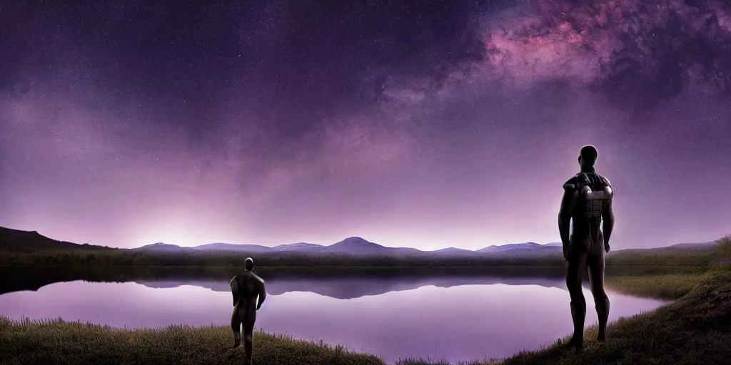 Image similar to beautiful landscape of small lake at night with distant mountains and close - up of a bald symmetric man in futuristic armor, ultra realistic, highly detailed, hd, sharp focus, cinematic lighting, realistic, vivid colors, painting, digital art, non blurry, sharp