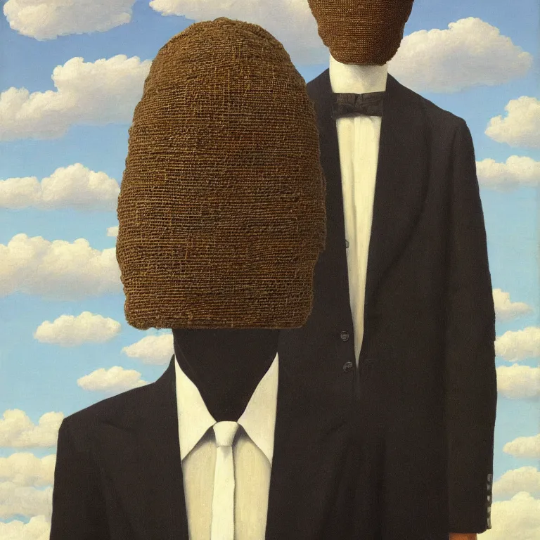 Image similar to portrait of a faceless burlap sack - head man in a suit, clouds in the background, by rene magritte, detailed painting, distance, centered, hd, hq, high resolution, high detail, 4 k, 8 k