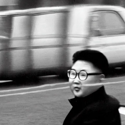 Prompt: 1960s press archive of middle-aged Kim Jong-il coming out of a car, face obscured, Reuters, 35mm film, film grain, mysterious exterior, motion blur, crowd, kaiju-eiga in the background, underexposed