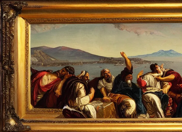 Image similar to detailed painting of average greeks drink wine and have fun against the backdrop of mount vesuvius starting to erupt by brullov