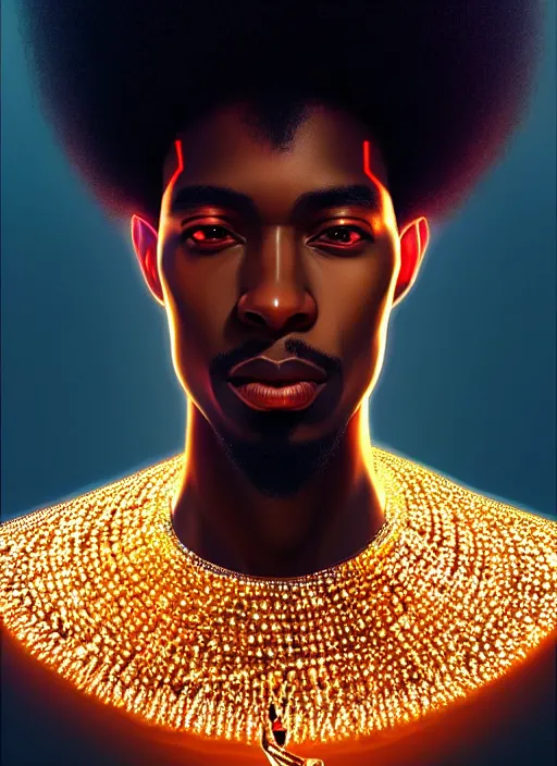 Image similar to portrait of young black man with glowing jewels, afro - futurist style, intricate, elegant, glowing holographic screen, highly detailed, digital painting, artstation, concept art, smooth, sharp focus, illustration, art by wlop, mars ravelo and greg rutkowski