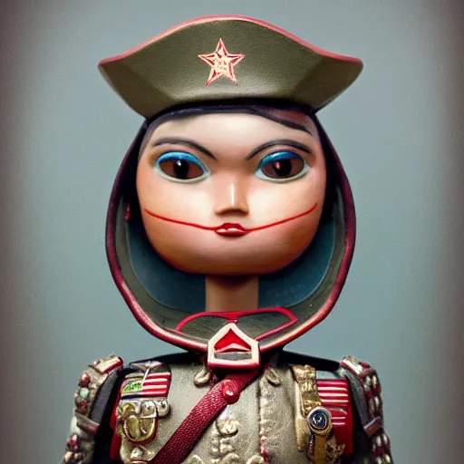 Prompt: closeup face profile portrait of tin toy army general, 5 star general, depth of field, zeiss lens, detailed, symmetrical, centered, by nicoletta ceccoli, mark ryden, lostfish, breathtaking, 8 k resolution, extremely detailed, beautiful, establishing shot, artistic, hyperrealistic, octane render