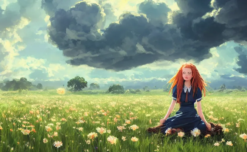 Prompt: a country woman named Savannah Savage, innocent, sad blue eyes, long ginger hair in a braid, sitting in a field of flowers on a farm, gentle lighting, innocent mood, storm in the distance, somber 8k hdr pixiv dslr photo by Makoto Shinkai ilya kuvshinov and Wojtek Fus, digital art, concept art,