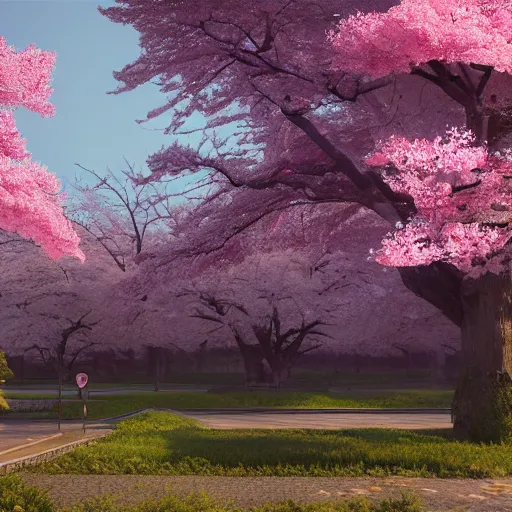 Image similar to A beautiful japanese landscape with sakura trees, apocalyptic style, Simon Stålenhag, 4k, ultrarealistic, octane render, volumetric lighting