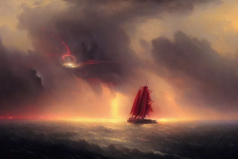 Image similar to A beautiful matte painting of huge spherical alien spaceship attacking with powerful red lasers a Sailship in ocean in thunderstorm by Greg Rutkowski and Ivan aivazovsky