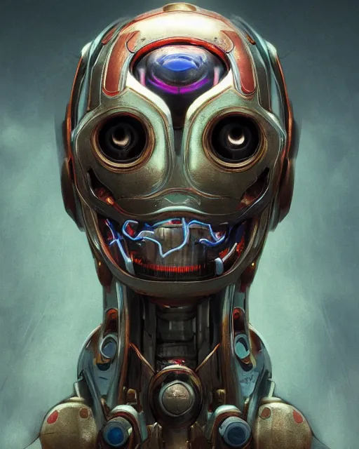 Image similar to portrait of an opal ultron from age of ultron, clockwork steampunk, dieselpunk, head and chest only, by beksinski, 4 k, deviantart, 3 d unreal engine, trending on artstation