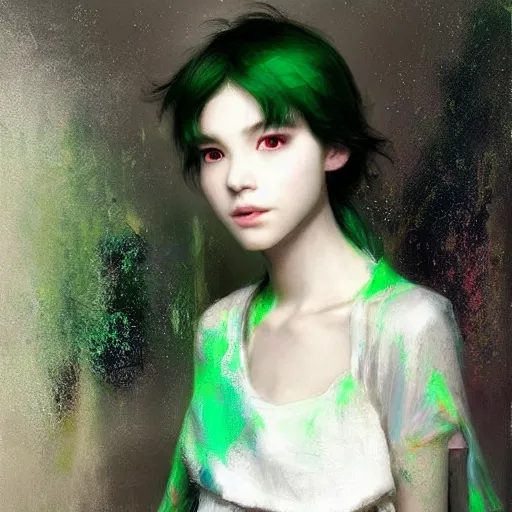 Prompt: a young man of just 14 with Snow White white white white!!! hair and glowing green eyes who can walk through walls, disappear, and fly. Ruan Jia. Alayna Danner