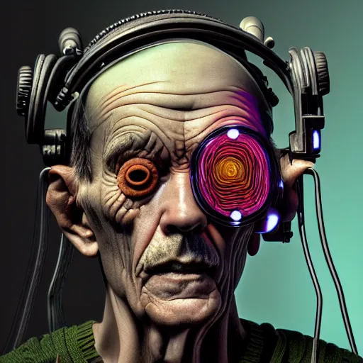 Image similar to Colour Caravaggio style Photography of 1000 years old man with highly detailed 1000 years old face wearing higly detailed cyberpunk VR Headset designed by Josan Gonzalez Many details. . In style of Josan Gonzalez and Mike Winkelmann andgreg rutkowski and alphonse muchaand Caspar David Friedrich and Stephen Hickman and James Gurney and Hiromasa Ogura. Rendered in Blender