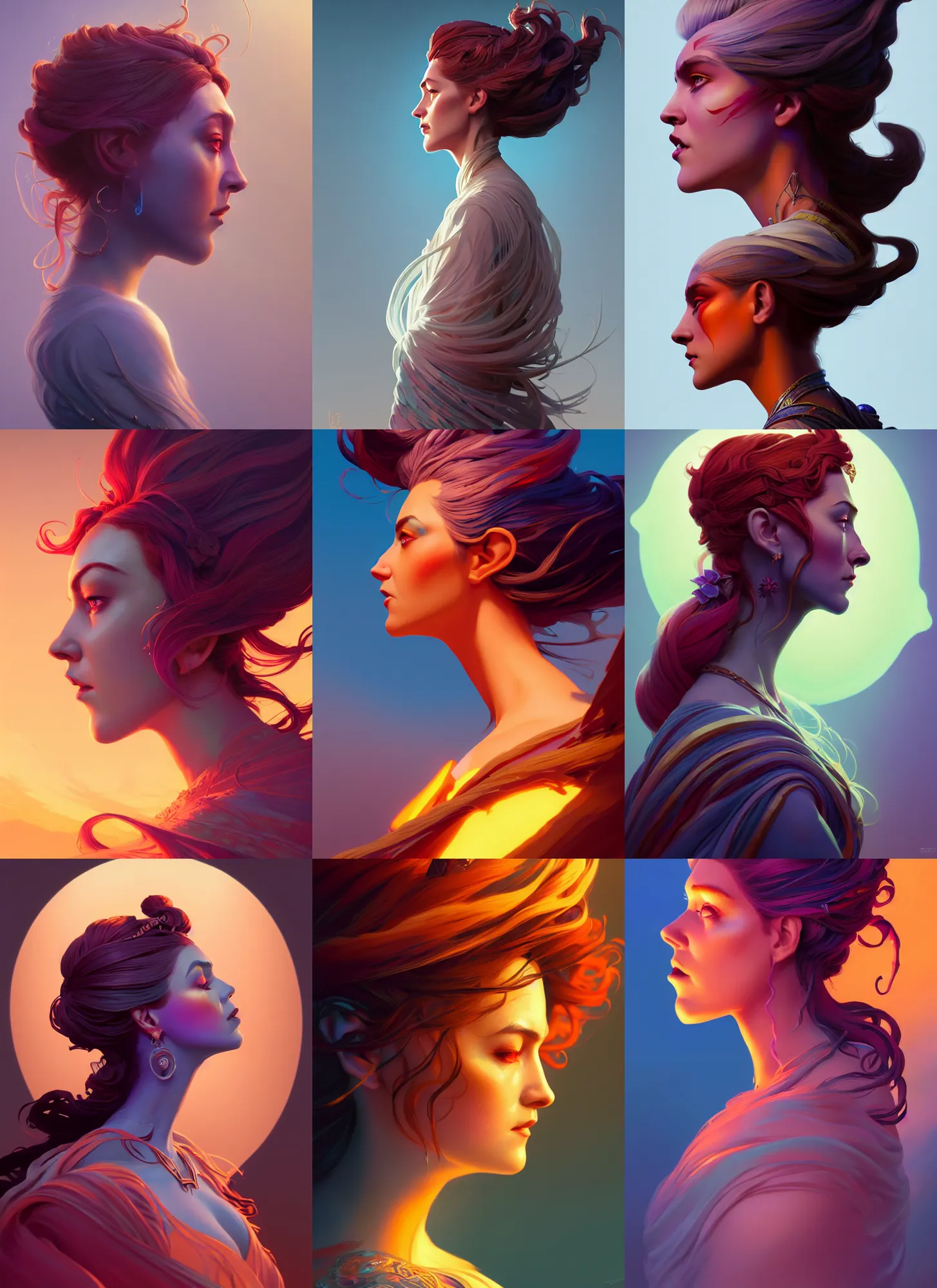 Prompt: side profile centered painted portrait, mad goddess of the wind, D&D, Gloomhaven, matte painting concept art, art nouveau, beautifully backlit, swirly vibrant color lines, fantastically gaudy, aesthetic octane render, 8K HD Resolution, by ilya kuvshinov and Cushart Krentz and Gilleard James