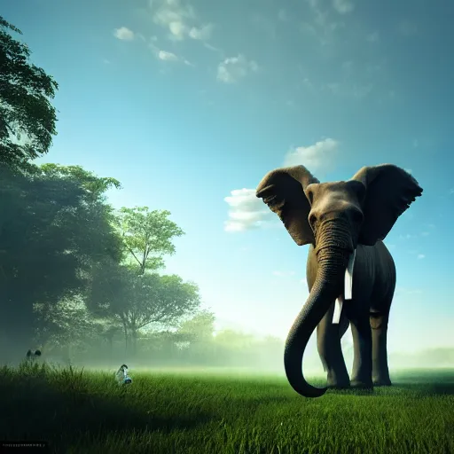Prompt: a hyperrealistic photograph 3D octane render of a large cat riding on an elephant in central park new york, trending on artstation, 4K, dramatic lighting, glowing, volumetric lighting, ray tracing, unreal engine