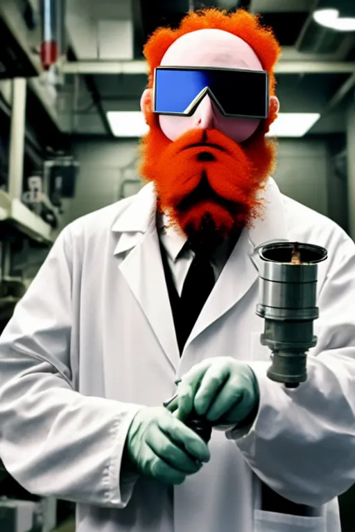 Image similar to an awkwardly tall scientist with 3 eyes and a tangled beard and unruly red hair atop his balding head wearing a labcoat and welding goggles and holding a beaker, high resolution film still, movie by Ivan Reitman